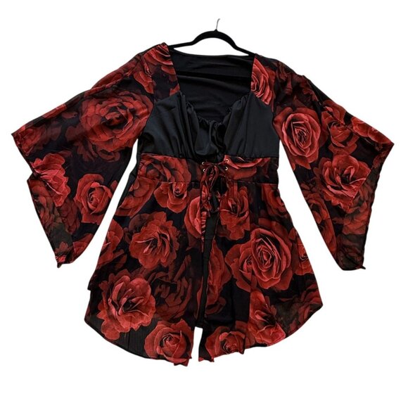 Unknown Tops - Rose Print Womens Top Red Black Tie Bodice Dramatic Sleeve Fairy Goth Grunge 1X